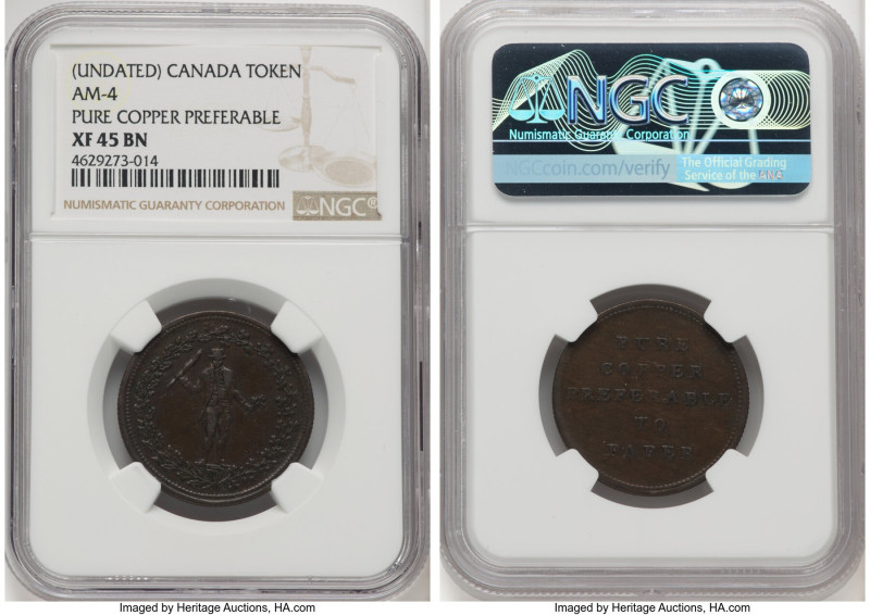 Lower Canada "Pure Copper Preferable to Paper" 1/2 Penny Token ND XF45 Brown NGC...