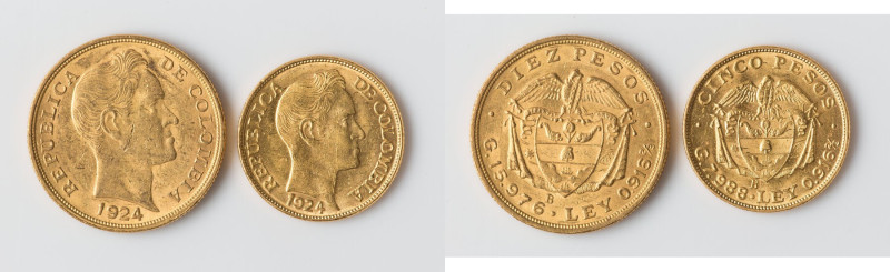 Republic Pair of Uncertified gold Multiple Pesos, 1) 5 Pesos 1924 - UNC, Medelli...