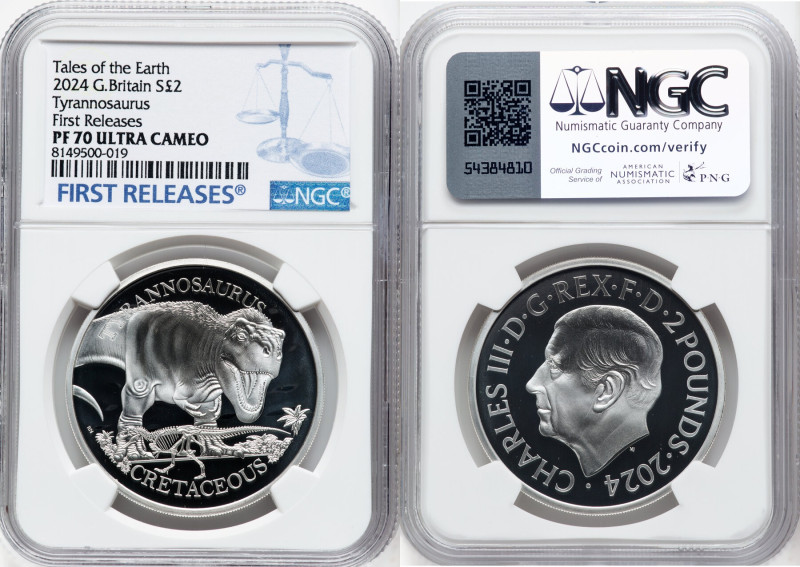 Charles III silver Proof "Tyrannosaurus" 2 Pounds (1 oz) 2024 PR70 Ultra Cameo N...