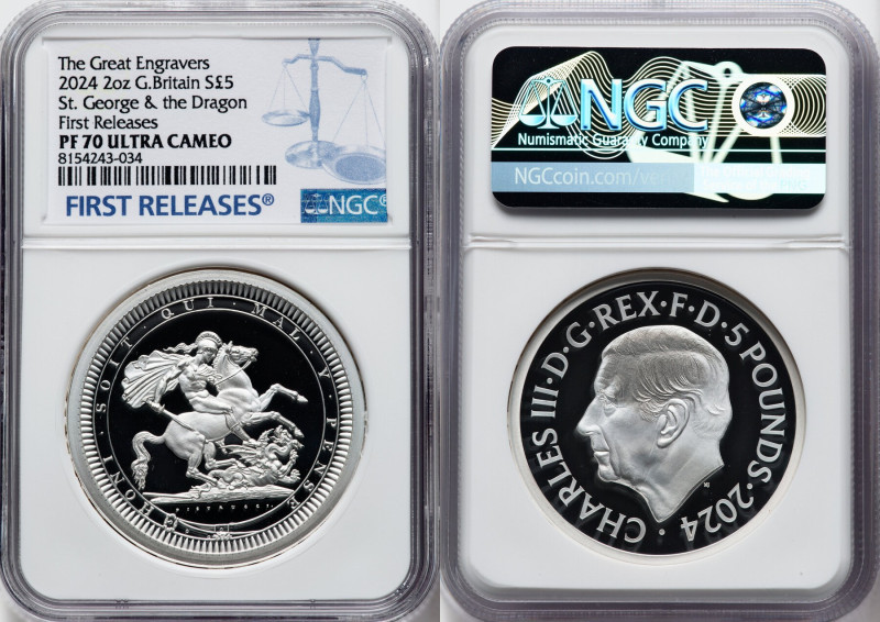 Charles III silver Proof "St. George & the Dragon" 5 Pounds (2 oz) 2024 PR70 Ult...