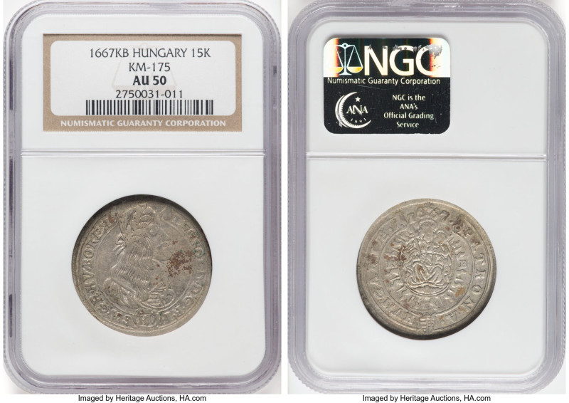 Leopold I 15 Krajczar 1667-KB AU50 NGC, Kremnica mint, KM175, Huszar-1422. HID09...