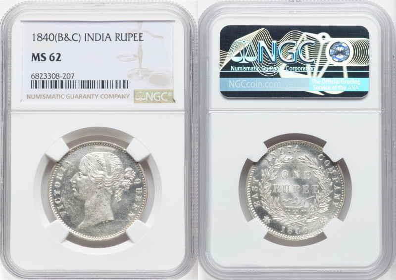 British India. Victoria Rupee 1840-(b & c) MS62 NGC, Calcutta mint, KM458.2. HID...