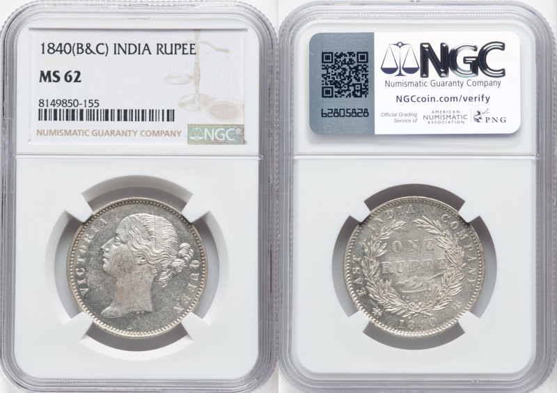 British India. Victoria Pair of Certified Rupees 1840 (b & c) MS62 NGC, Calcutta...