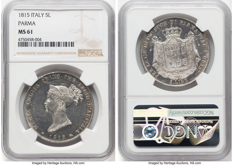 Parma. Maria Luigia 5 Lire 1815 MS61 NGC, Parma mint, KM-C30, Dav-204. Two year ...