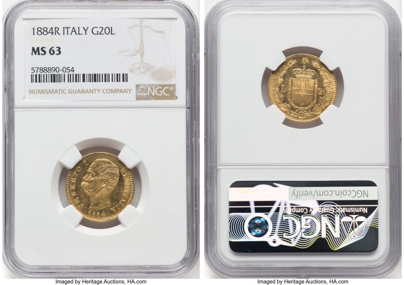 Umberto I gold 20 Lire 1884-R MS63 NGC, Rome mint, KM21,, Fr-20. HID09801242017 ...