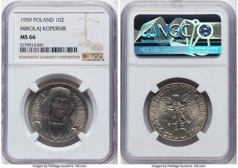 People's Republic 10 Zlotych 1959 MS66 NGC, Warsaw mint, KM-Y51, ParM-224a. Comm...