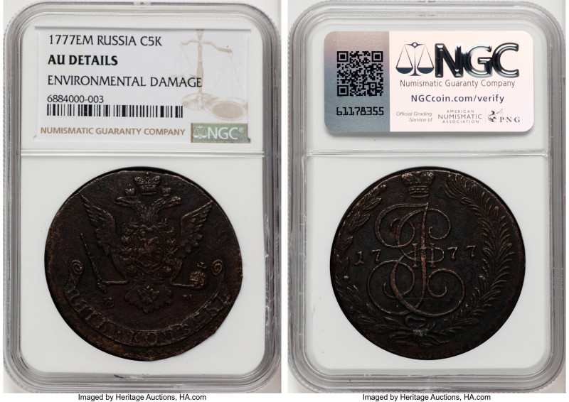 Catherine II 5 Kopecks 1777-EM AU Details (Environmental Damage) NGC, Ekaterinbu...