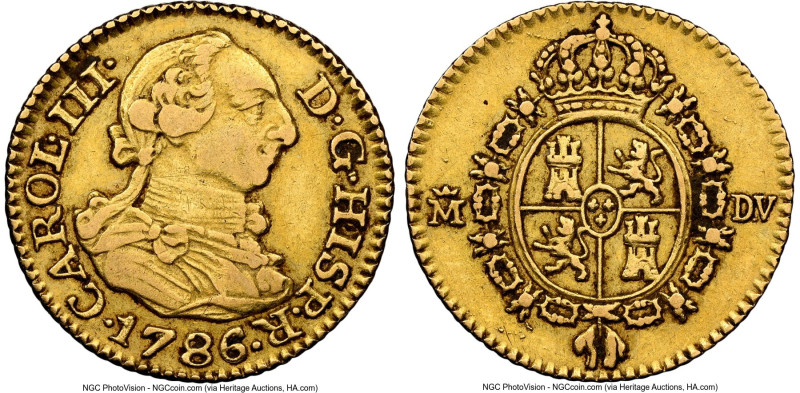 Charles III gold 1/2 Escudo 1786 M-DV AU50 NGC, Madrid mint, KM425.1, Cal-780. H...