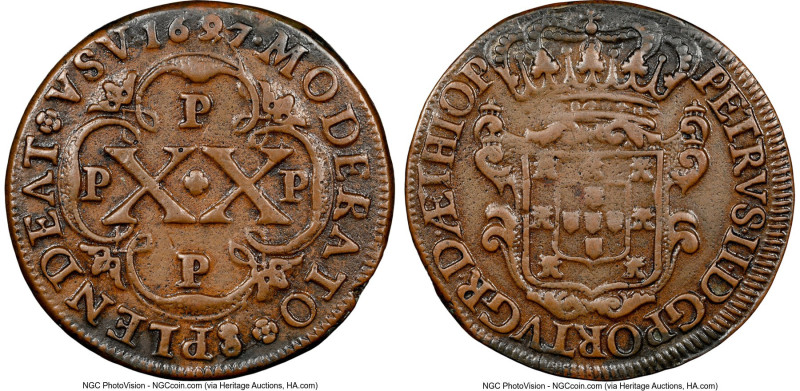 Portuguese Colony. Pedro II 20 Reis 1697-P XF Details (Environmental Damage) NGC...