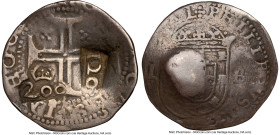 Afonso VI Counterstamped 200 Reis (1663) VG10 NGC, KM32, LMB-76. 7.79gm. Crowned 200 Reis (XF Standard) on Portugal Tostao with Portuguese 120 Reis (1...