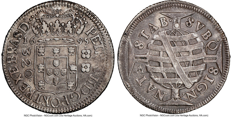 Pedro II 320 Reis 1695-(B) AU Details (Spot Removals) NGC, Bahia mint, KM82, LMB...