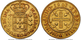 Maria I gold 4000 Reis 1803/1-(B) AU Details (Removed From Jewelry) NGC, Bahia mint, KM225.2, LMB-501. Despite the qualifier, this piece retains ample...