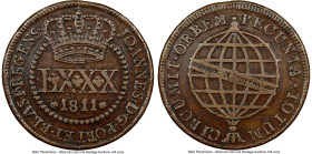 João Prince Regent 80 Reis 1811-(L) XF Details (Environmental Damage) NGC, Lisbon mint, KM308, LMB-452. Mintage: 12,500. Overstruck on an earlier type...