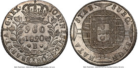 João VI 960 Reis 1820-B MS65 NGC, Bahia mint, KM326.2, LMB-462. Overstruck on a Spanish Colonial 8 Reales. A crackling Gem. From the Legado Collection...