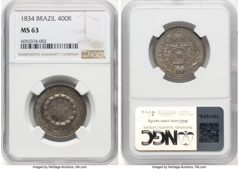 Pedro II 400 Reis 1834 MS63 NGC, Rio de Janeiro mint, KM453, LMB-536. While tech...