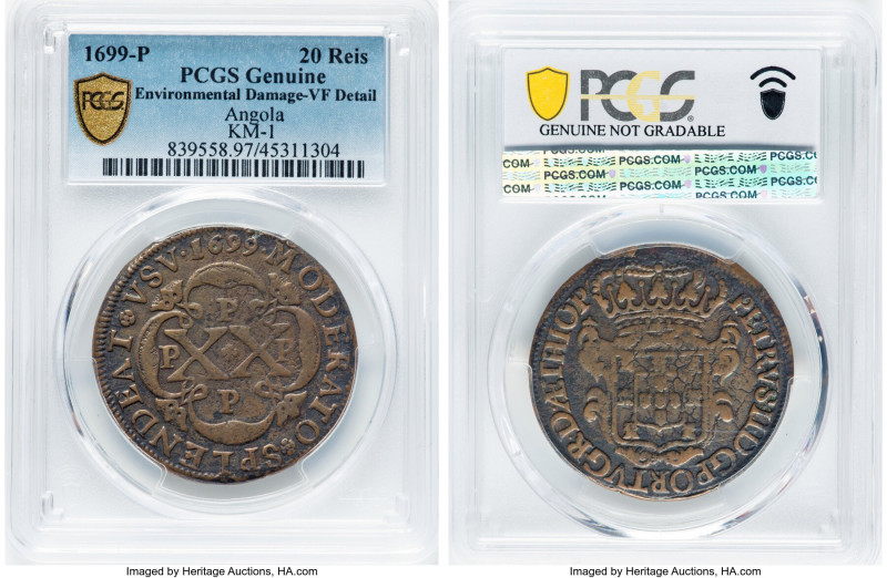 Portuguese Colony. Pedro II 20 Reis 1699-P VF Details (Environmental Damage) PCG...