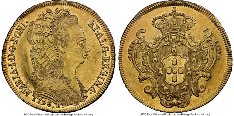 Maria I gold 6400 Reis (Peça) 1798-R UNC Details (Obverse Graffiti) NGC, Rio de ...