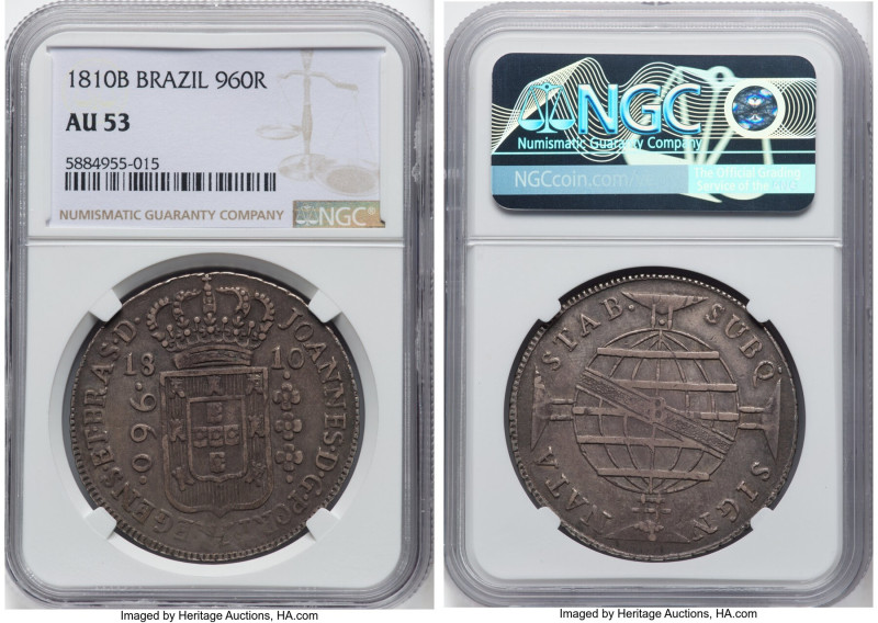 João Prince Regent 960 Reis 1810-B AU53 NGC, Bahia mint, KM307.1, LMB-395. Overs...