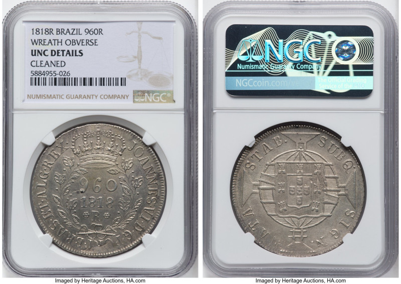 João VI 960 Reis 1818-R UNC Details (Cleaned) NGC, Rio de Janeiro mint, KM326.1,...