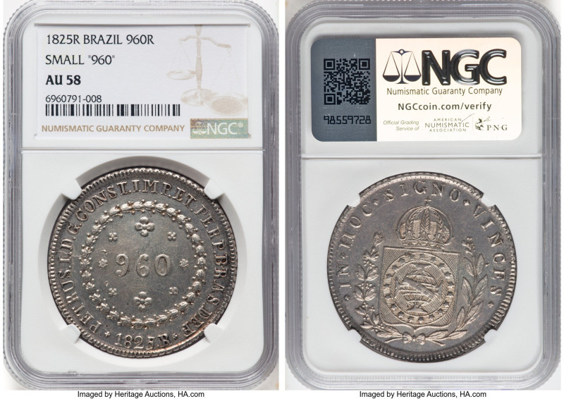 Pedro I 960 Reis 1825-R AU58 NGC, Rio de Janeiro mint, KM368.1, LMB-506. Overstr...