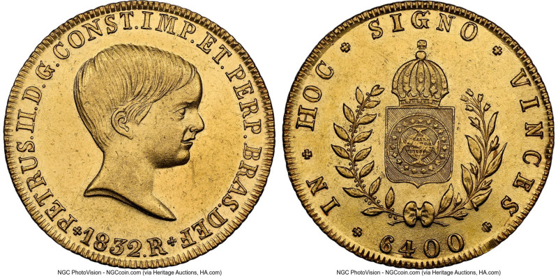 Pedro II gold 6400 Reis 1832-R MS61 NGC, Rio de Janeiro mint, KM387.2, LMB-613. ...