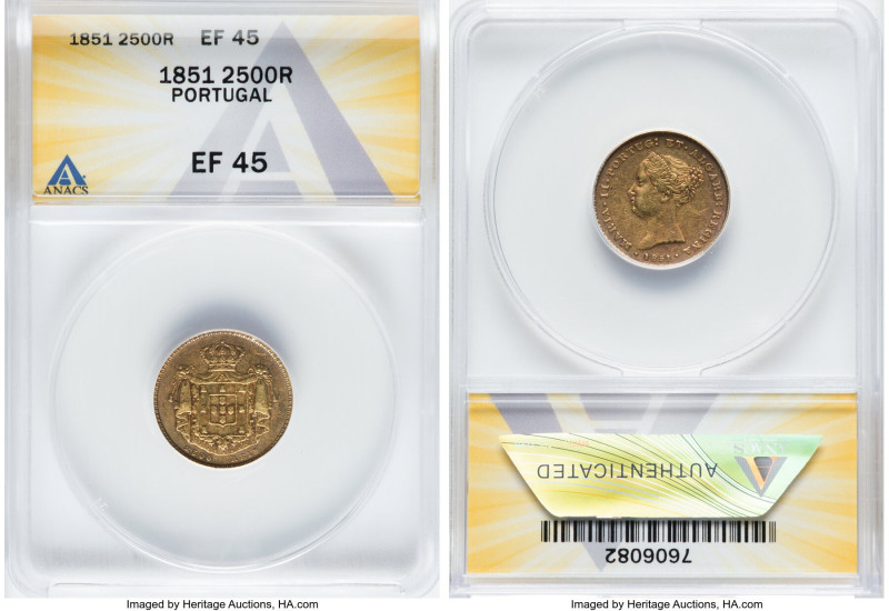 Maria II gold 2500 Reis 1851 XF45 ANACS, Lisbon mint, KM487. HID09801242017 © 20...