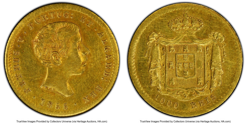 Pedro V gold 1000 Reis 1855 AU Details (Harshly Cleaned) PCGS, KM495, Gomes-P5.0...