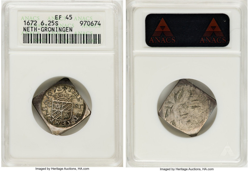 Groningen & Ommeland. Siege silver Uniface Klippe 6-1/4 Stuivers 1672 XF45 ANACS...