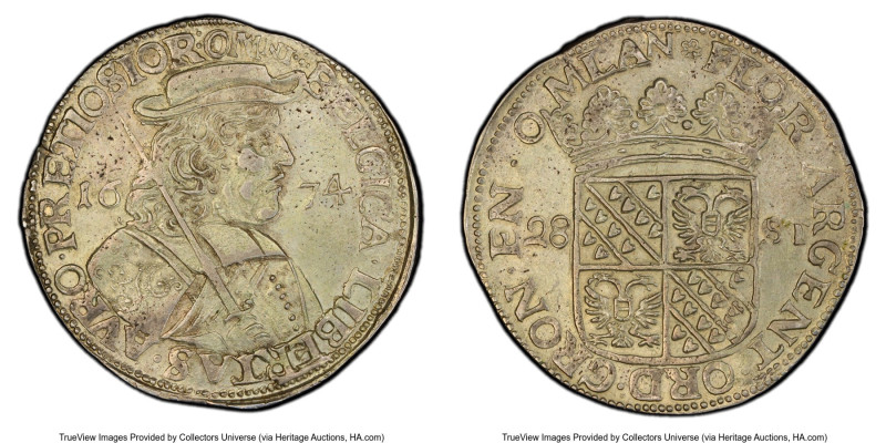 Groningen & Ommeland. Provincial 28 Stuivers (Florijn) 1674 AU55 PCGS, KM32.1, D...