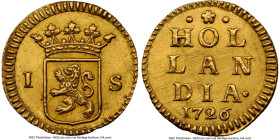 Holland. Provincial gold Stuiver 1726 MS63 NGC, Dordrecht mint, KM85a, Delm-819, Vanhoudt/Saunders-1268 (R). 1.74gm. Struck to the weight of a half du...
