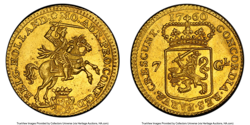 Holland. Provincial gold 7 Gulden (1/2 Golden Rider) 1760 MS61 PCGS, Dordrecht m...