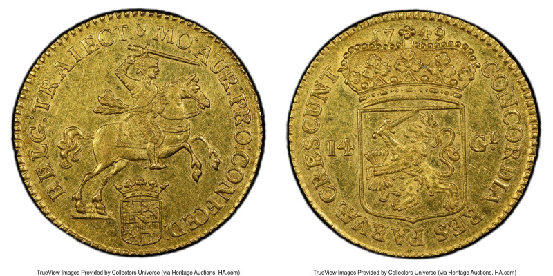 Utrecht. Provincial gold 14 Gulden (Golden Rider) 1749 AU55 PCGS, Utrecht mint, ...