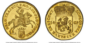 Utrecht. Provincial gold 14 Gulden (Golden Rider) 1760 UNC Details (Tooled) PCGS, Utrecht mint, KM104, Delm-970, Vanhoudt/Saunders-1429. Retaining sem...