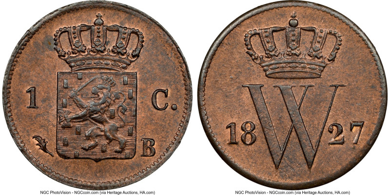 Willem I Cent 1827-B MS64 Brown NGC, Brussels mint, KM47, Schulman-344. Tied ato...