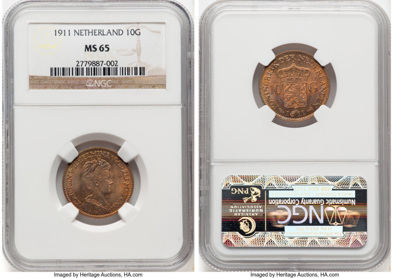 Wilhelmina I gold 10 Gulden 1911 MS65 NGC, Utrecht mint, KM149, Fr-349. HID09801...