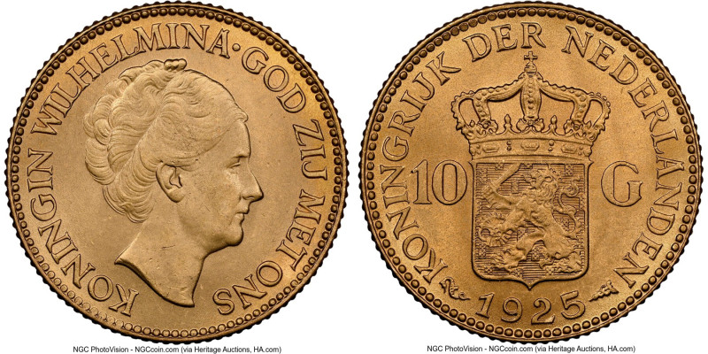 Wilhelmina I gold 10 Gulden 1925 MS66 NGC, Utrecht mint, KM162, Fr-351. HID09801...