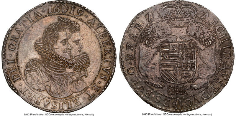 Brabant. Albert & Elizabeth Ducaton 1619 AU55 NGC, Antwerp mint, KM49.1, Dav-442...