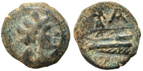 PHOENICIA. Arados, Circa 2nd century BC. Ae (bronze, 3.07 g, 15 mm). Turreted head of Tyche right. Rev. Athena standing left on prow of galley left; m...