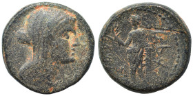 PHOENICIA. Marathos. 220-150 BC. Tetrachalkon (bronze, 10.45 g, 21 mm). Veiled female head (Berenike II?) to right. Rev. Marathos standing left, holdi...