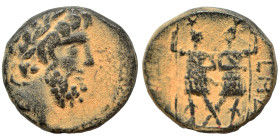 COELE-SYRIA. Chalkis ad Libanon. Ptolemaios. Tetrarch, circa 85-40 BC. Ae (bronze, 5.65 g, 19 mm). Dated Laureate head of Zeus right. Rev. The Dioscur...