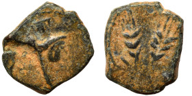 Uncertain. Ae (bronze, 0.96 g, 10 mm). Turreted bust of Tyche to right. Rev. Two ears of grain. Nearly very fine.