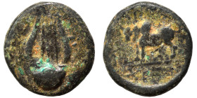 Greek. Circa 2nd-1st centuries BC. Ae (bronze, 1.62 g, 12 mm). Zebu bull standing left, head facing. Rev. Lyre. For similar, cf. SNG Copenhagen 7 (Ala...