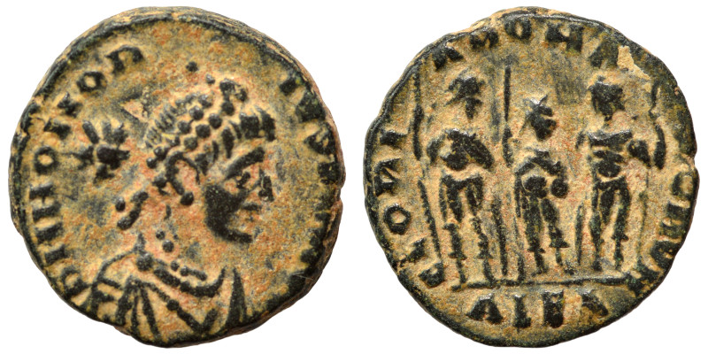 Honorius, 393-423. Ae (bronze, 1.97 g, 13 mm), Alexandria. Pearl-diademed, drape...