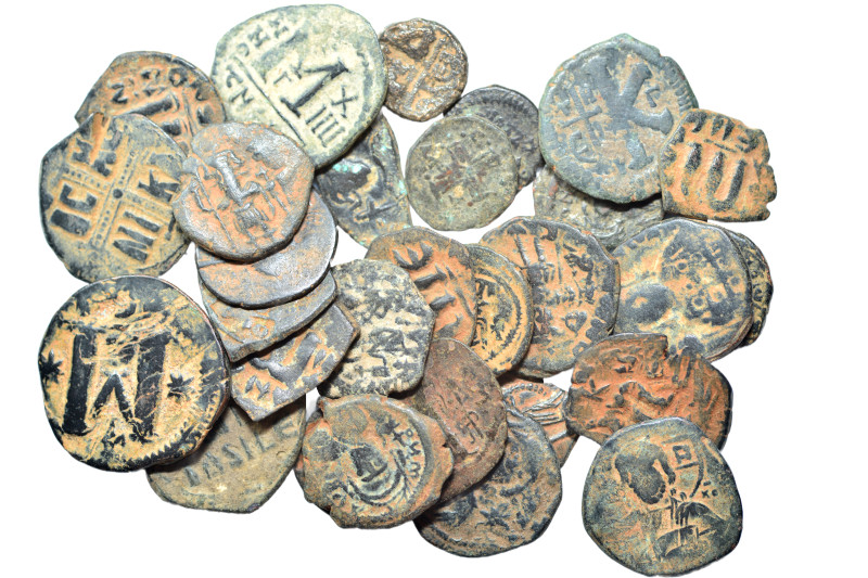 Group lot of circa 30 Byzantine coins, some repatinated. G - VF. As seen, no ret...