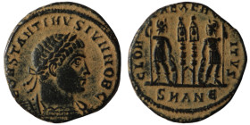 Constantinus II. (330-333 AD). Æ Follis. Antioch. Obv: FL IVL CONSTANTINVS NOB C. laureate bust of Constantinus II. right. Rev: GLORIA EXERCITVS. two ...