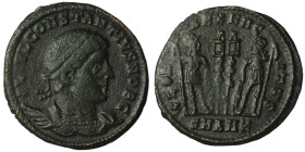 Constantinus II. (330-333 AD). Æ Follis. Antioch. Obv: FL IVL CONSTANTINVS NOB C. laureate bust of Constantinus II. right. Rev: GLORIA EXERCITVS. two ...