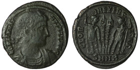 Constantinus I. (306-337 AD). Æ Follis. Nicomedia. Obv: CONSTANTINVS MAX AVG. laureate bust of Constantinus I. right. Rev: GLORIA EXERCITVS. two soldi...