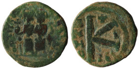 Justin II. and Sophia. (565-578 AD). 1/2 Follis. Thessalonica. Obv: Justin II. and Sophia enthroned facing. Rev: K A/N/N/O. 19mm, 4,52g