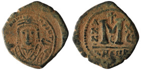 Maurice Tiberius. (582-602 AD). Follis. Theoupolis. Obv: bust of Maurice Tiberius facing. Rev: A/N/N/O M. 30mm, 11,51g