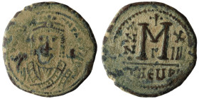 Maurice Tiberius. (582-602 AD). Follis. Theoupolis. Obv: bust of Maurice Tiberius facing. Rev: A/N/N/O M. 28mm, 10,45g